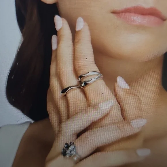 NWT Open Edit Set Of 3 Molten Rhodiun Rings Size 8 Silver - Picture 2 of 12
